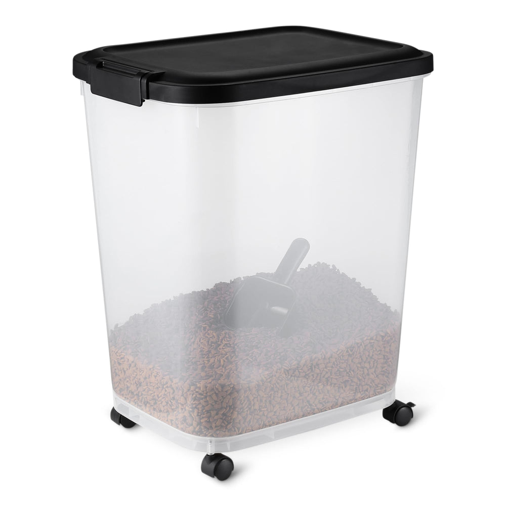 Amazon Basics pet food storage container with wheels for easy mobility and organized space.