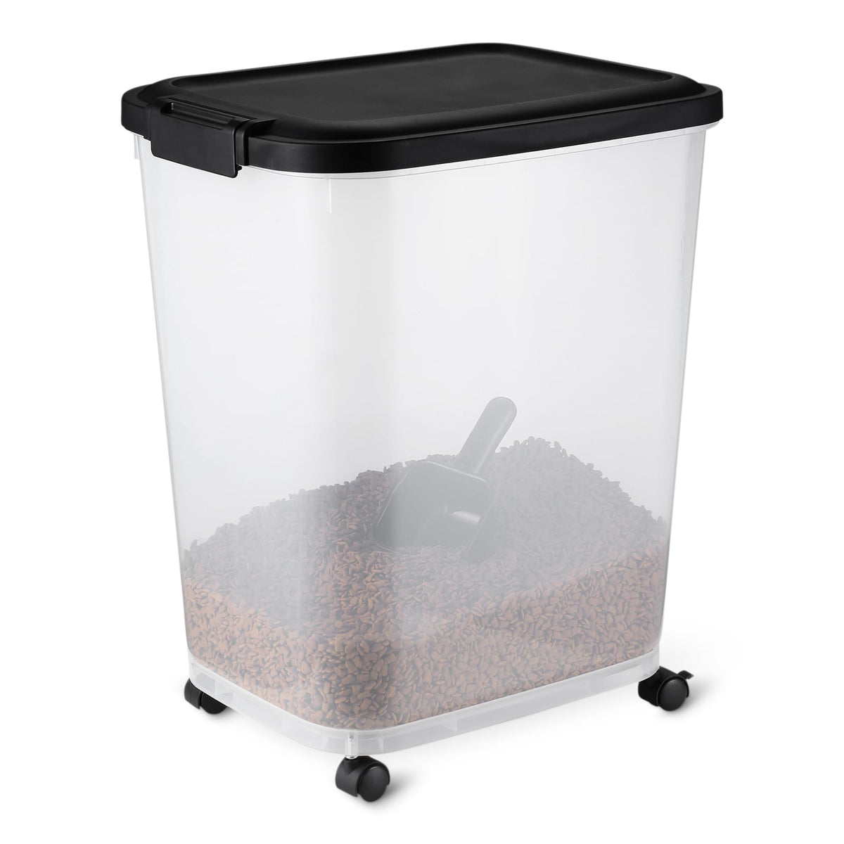 Amazon Basics pet food storage container with wheels for easy mobility and organized space.