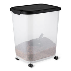 Amazon Basics pet food storage container with wheels for easy mobility and organized space.
