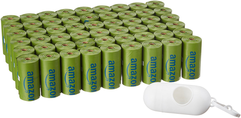 Amazon Basics poop bags on roll with dispenser for quick pickups and odor control.