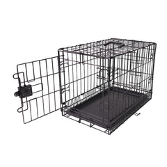 Amazon Basics portable dog crate closed for transport with a sturdy metal frame.
