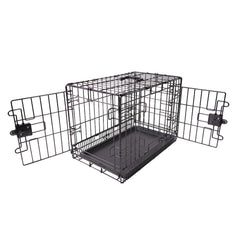 Amazon Basics portable dog crate with front door for secure containment during travel.