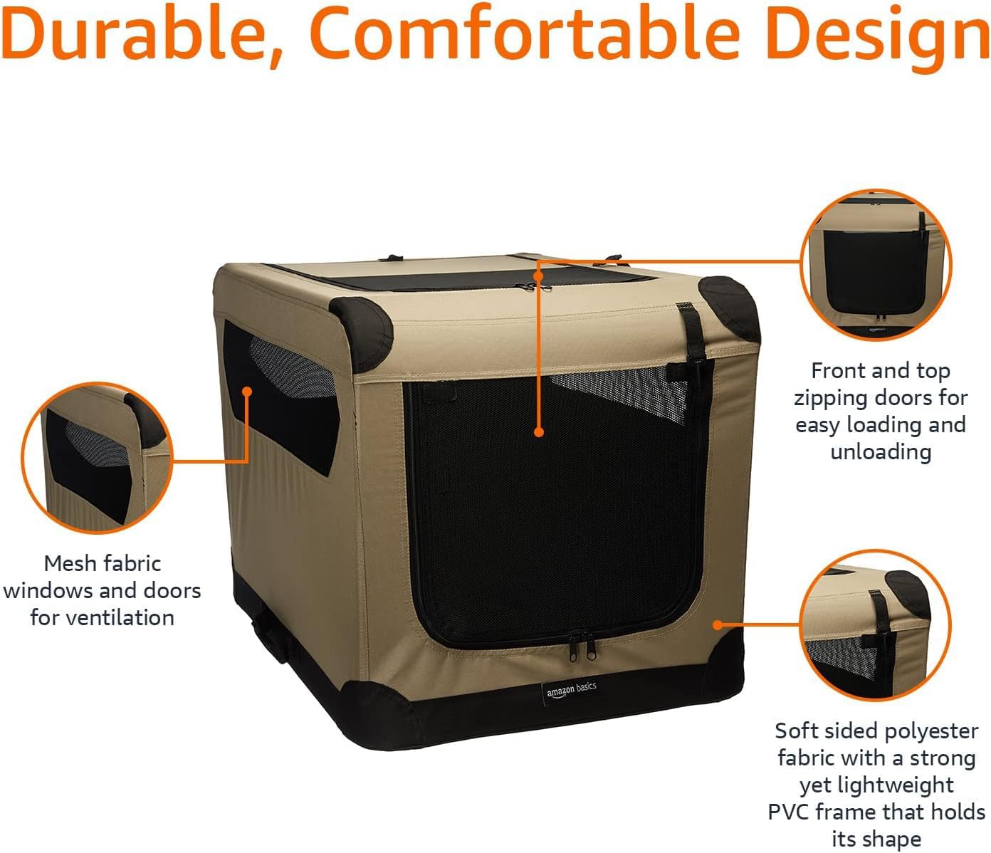 Amazon Basics crate dimensions 36 by 24 by 24 inches in tan.