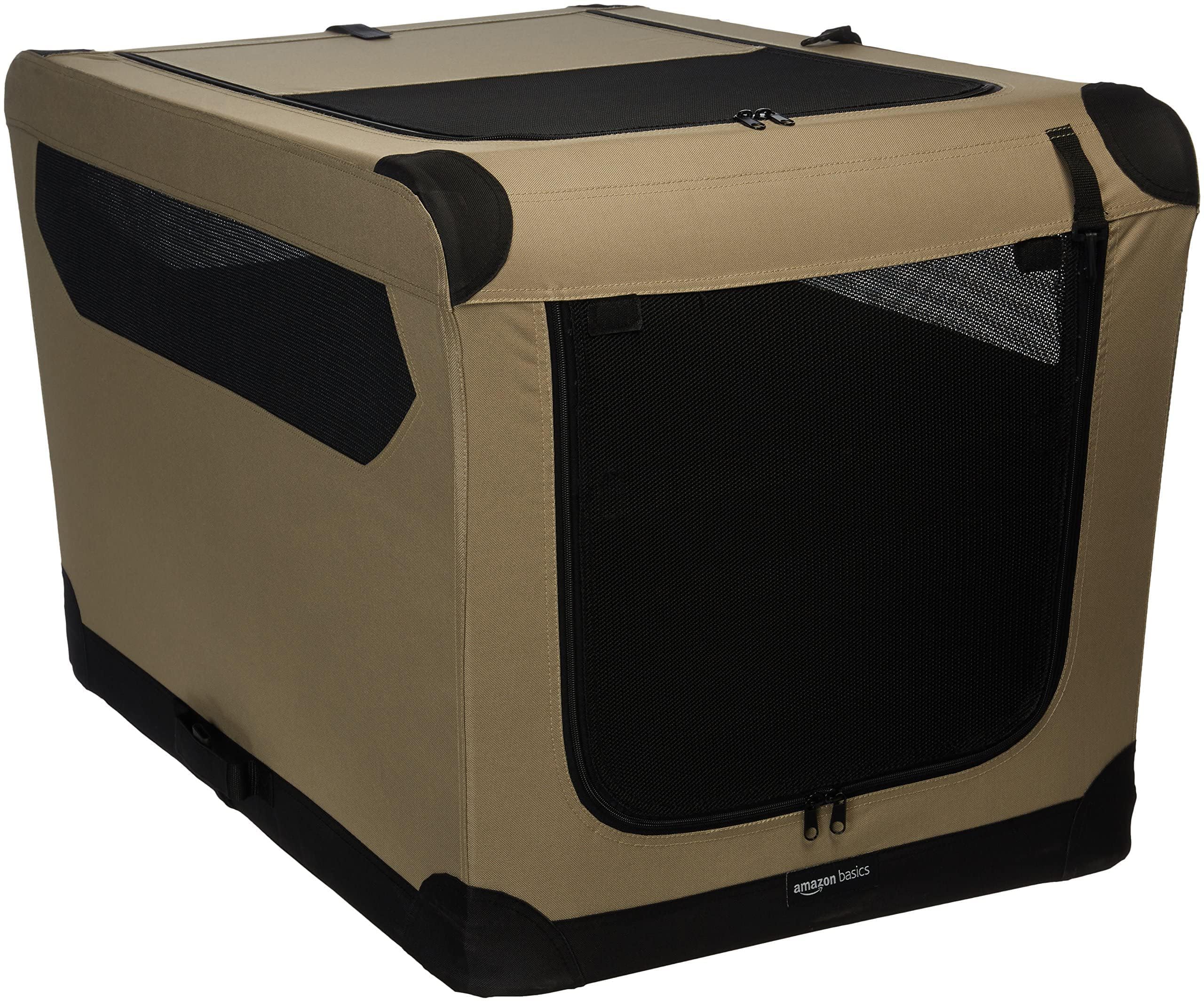 Amazon Basics portable folding soft dog crate front view with dual doors for easy access.
