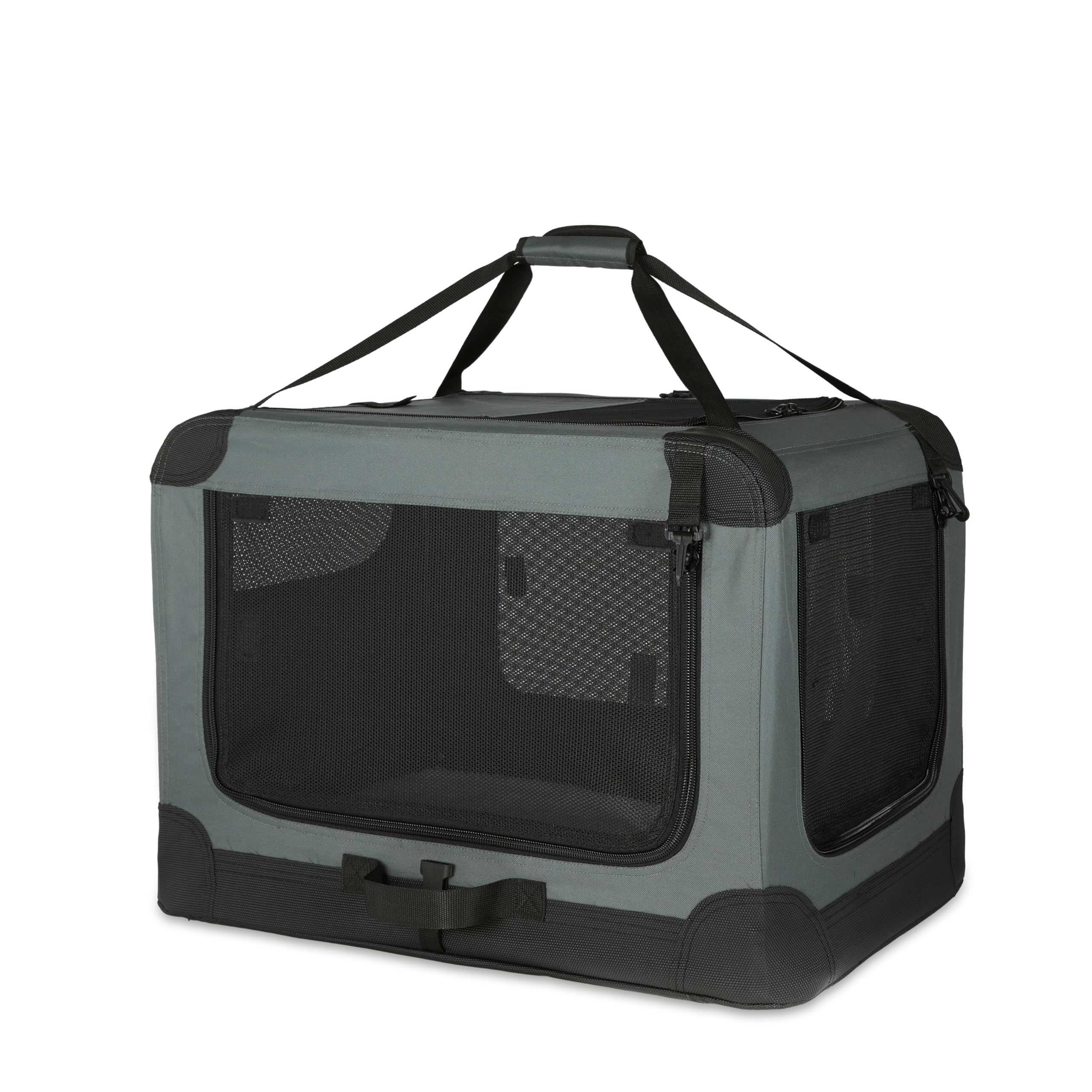 Amazon Basics portable folding soft dog crate top door enhances light and airflow.