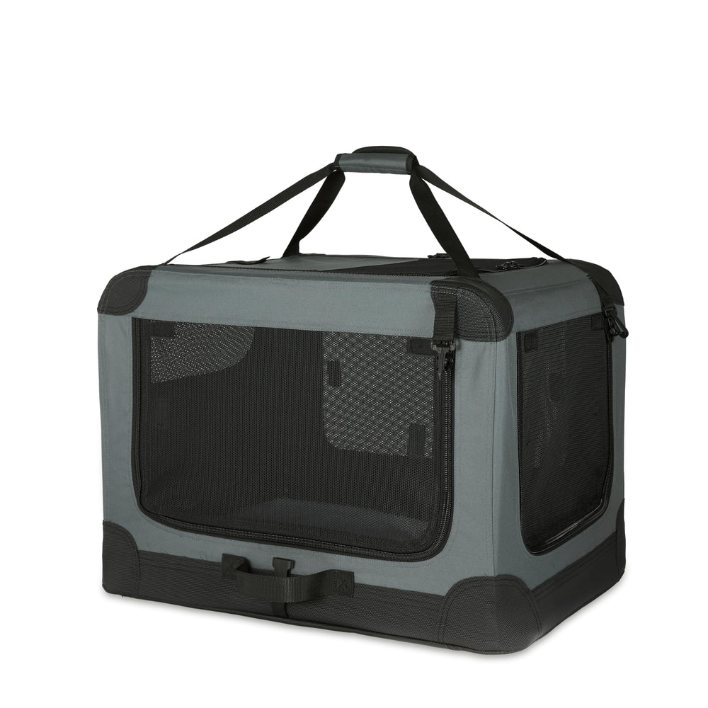 Amazon Basics portable folding soft dog crate top door enhances light and airflow.