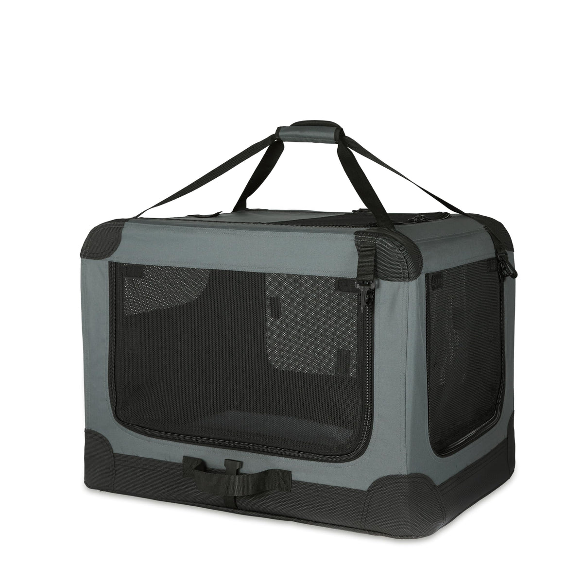 Amazon Basics portable folding soft dog crate top door enhances light and airflow.