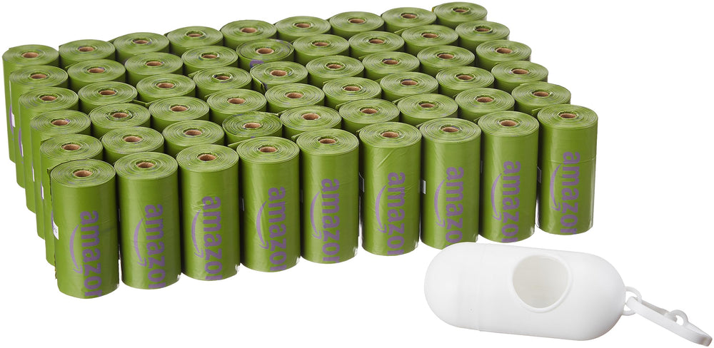 Amazon Basics premium leak-proof dog poop bags with lavender scent, ideal for quick, clean pickups.