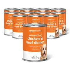 Amazon Basics puppy dinner can featuring chicken and beef, tasty texture for growing puppies.