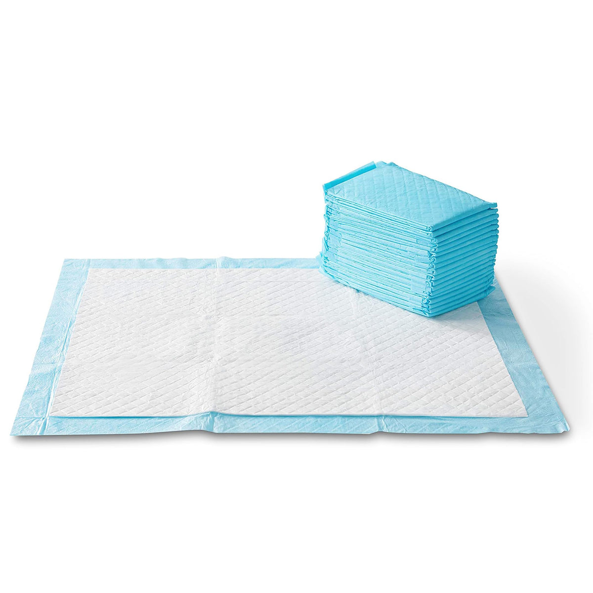 Amazon Basics puppy potty pads pack shot showing large 28 by 34 inch size for training