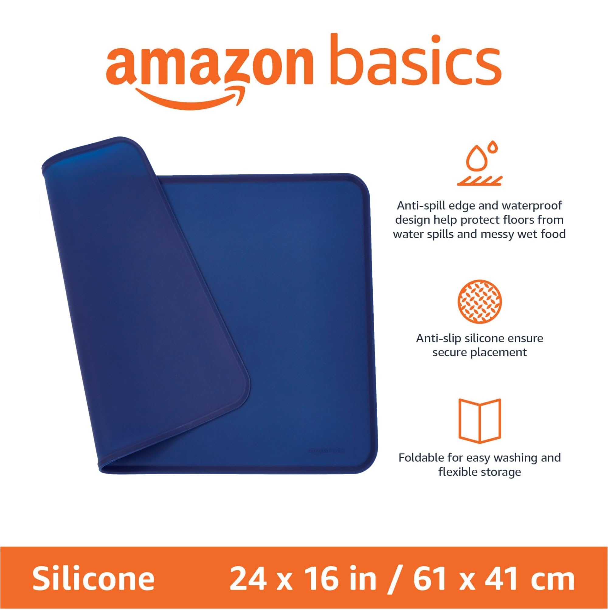 Amazon Basics blue mat with raised edges keeps bowls contained during meals