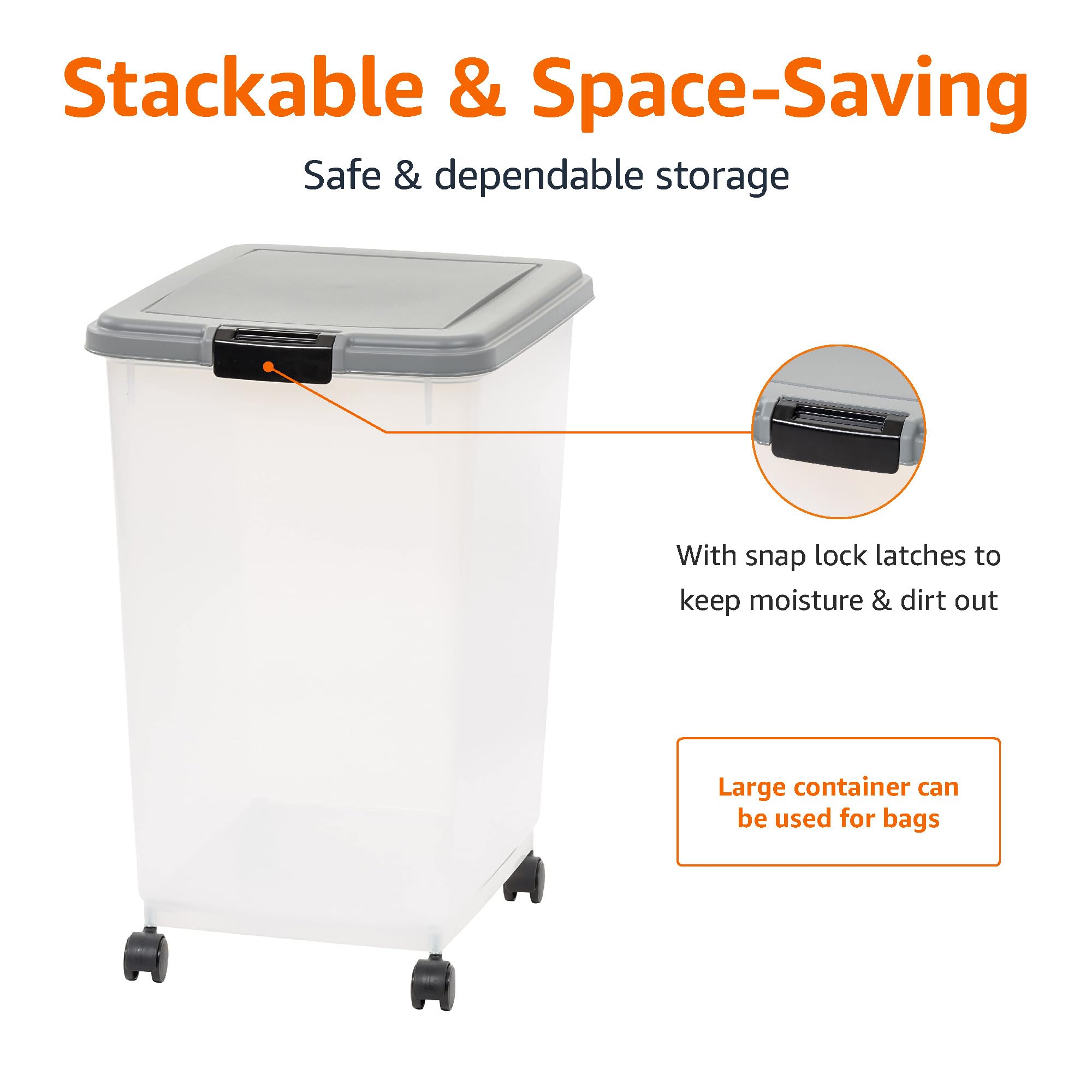 Amazon Basics removable 360-degree wheels on pet food bin for easy relocation.