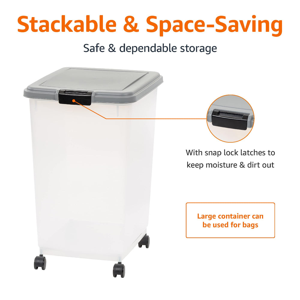 Amazon Basics removable 360-degree wheels on pet food bin for easy relocation.