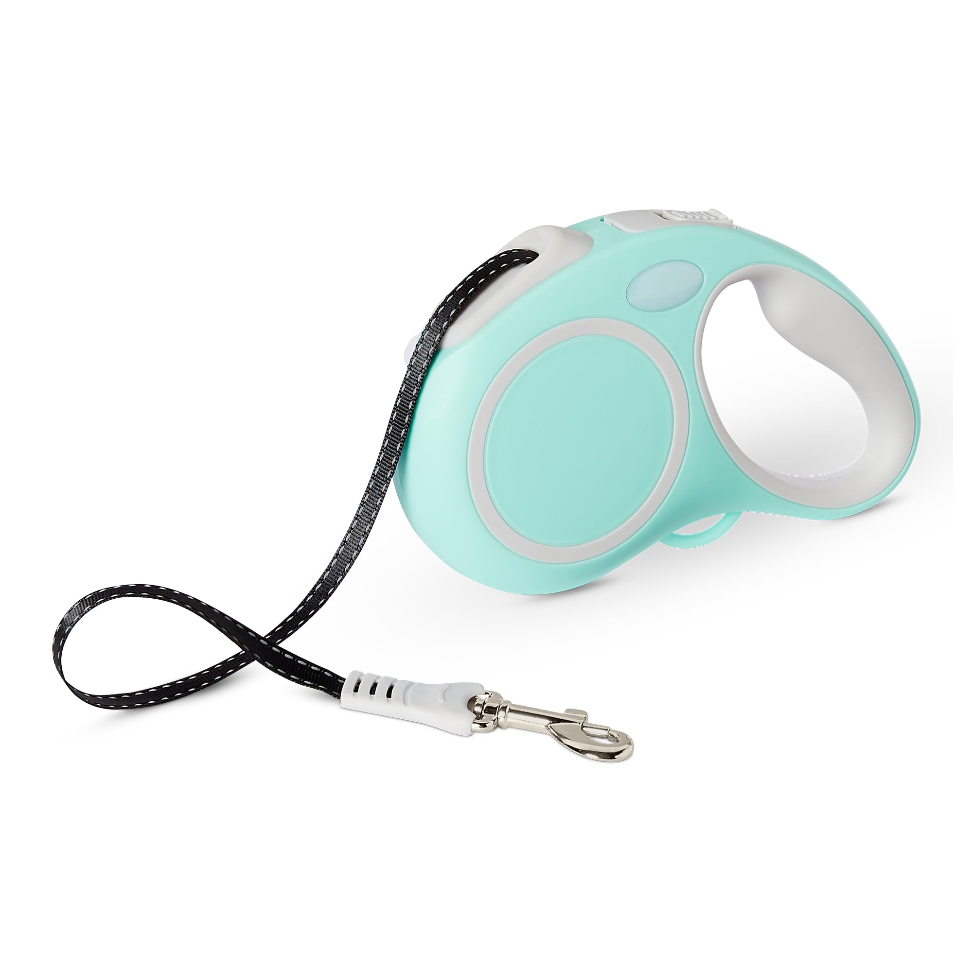 Amazon Basics retractable dog leash showing extended 5m reach and blue color for versatile walks