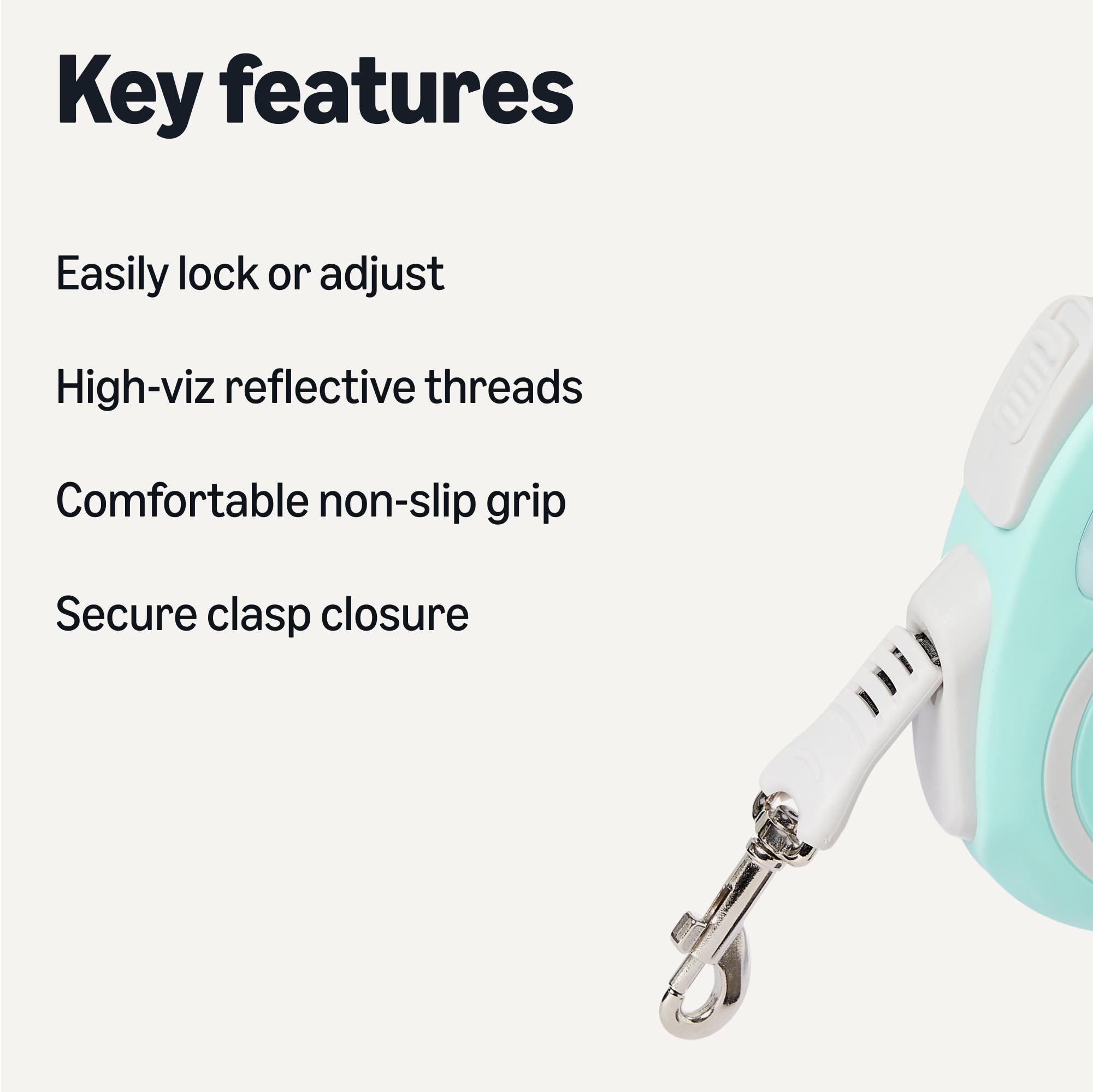 Amazon Basics retractable dog leash highlights double-sided reflective threads for night visibility