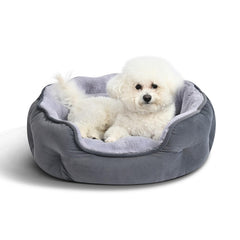 Amazon Basics round dog bed top view in gray showing plush cushion for cozy rests