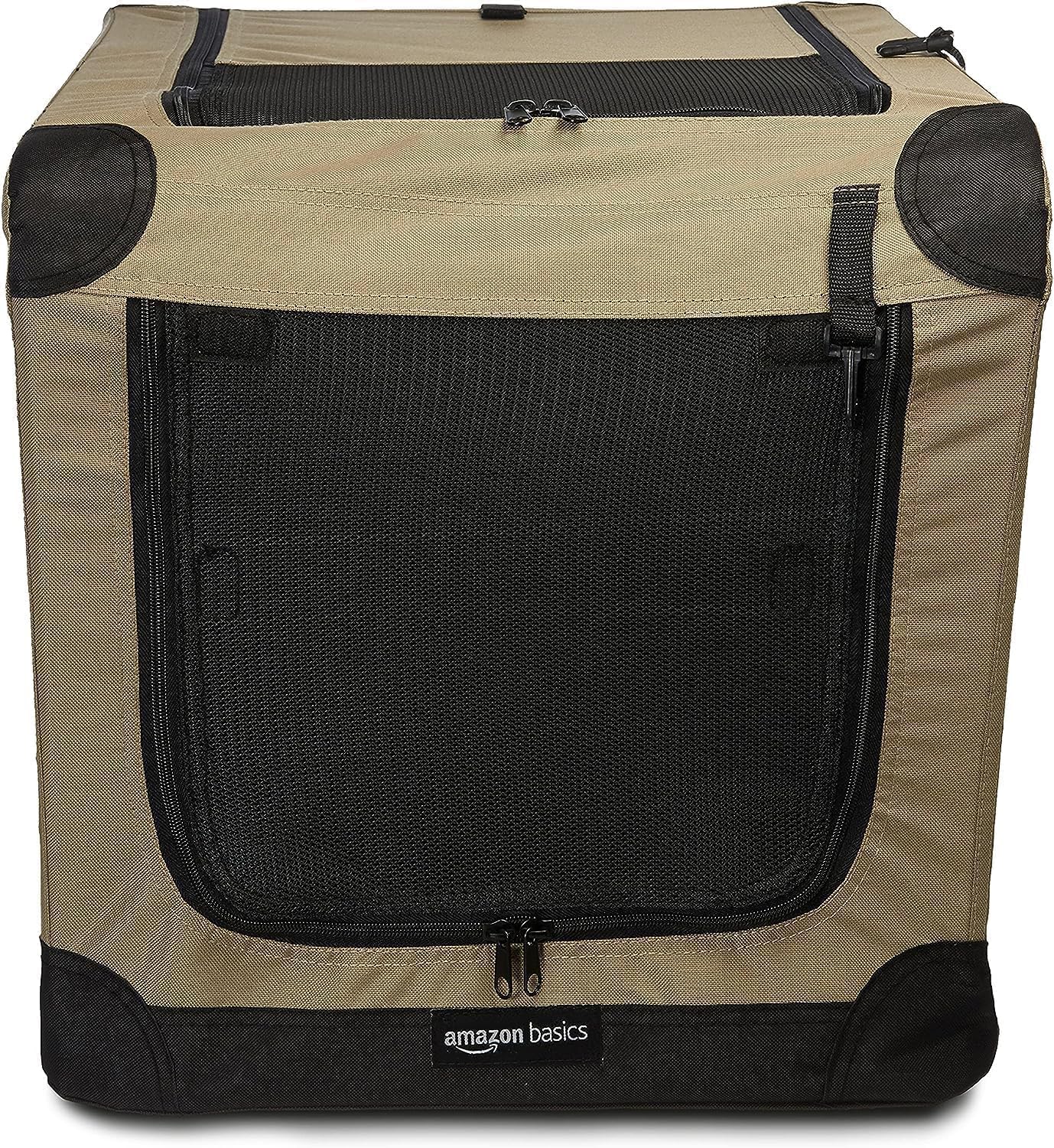 Small tan Amazon Basics crate with lightweight frame for easy setup
