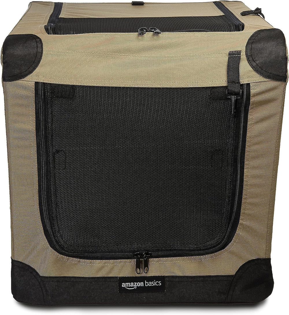 Small tan Amazon Basics crate with lightweight frame for easy setup