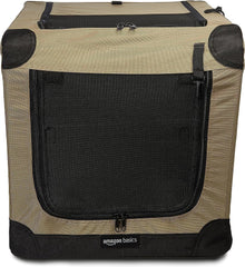 Small tan Amazon Basics crate with lightweight frame for easy setup