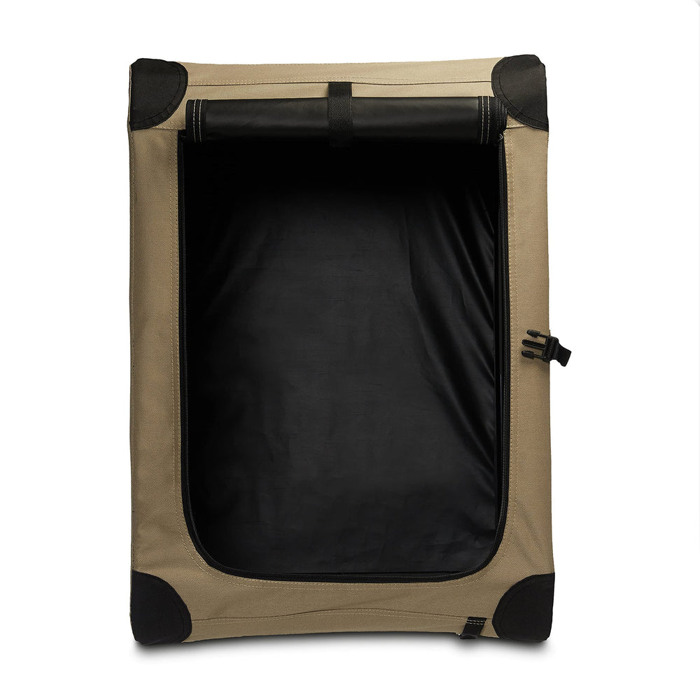 Ventilated mesh sides of the crate provide airflow for small dogs
