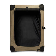 Ventilated mesh sides of the crate provide airflow for small dogs