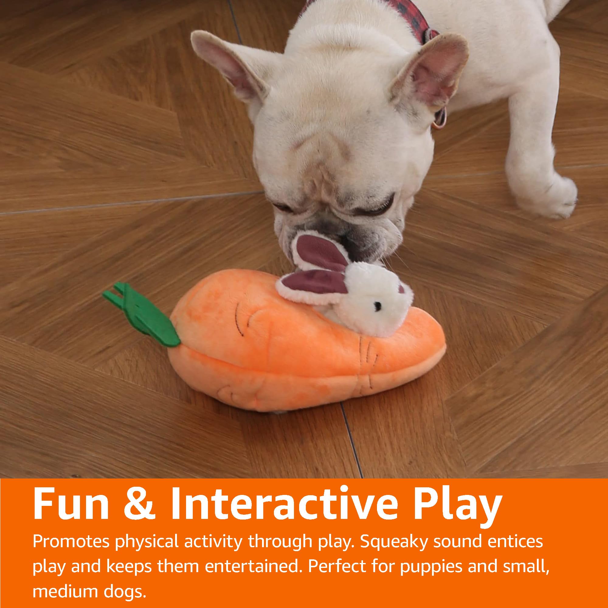 Amazon Basics soft plush dog toy for comforting, light amusement.