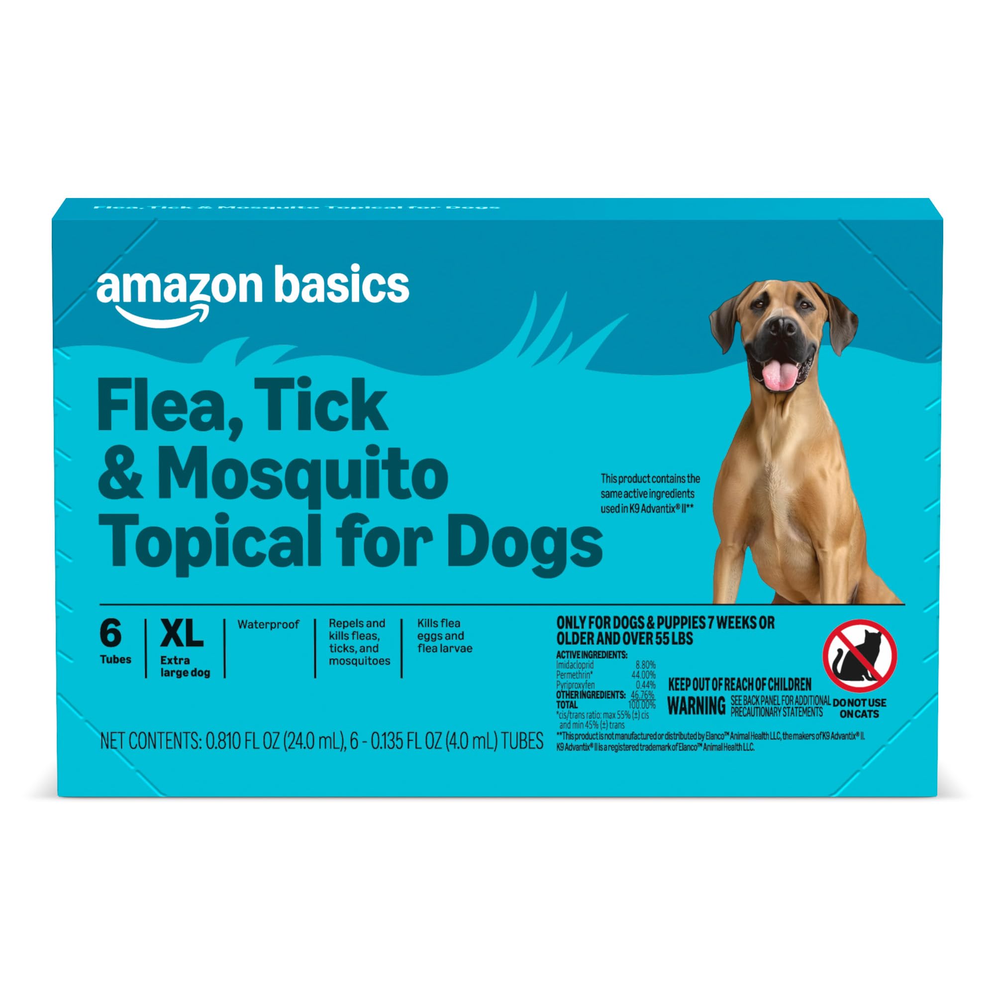 Amazon Basics topical bottle applied to a large dog for flea protection.