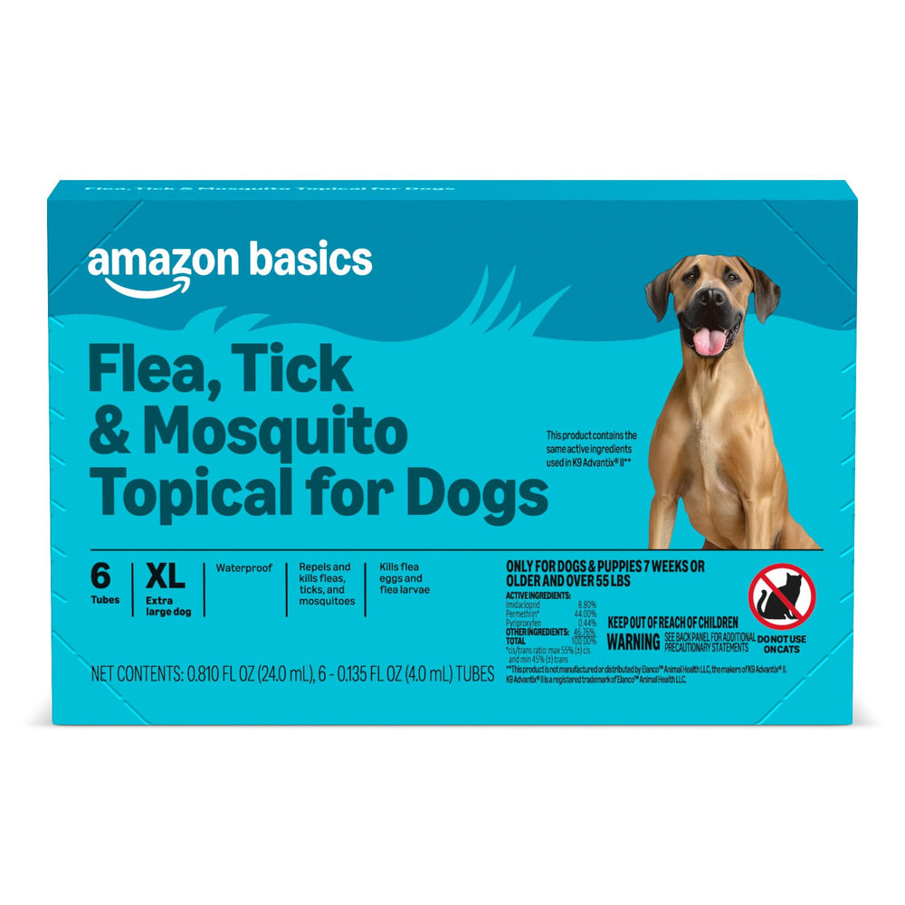 Amazon Basics topical bottle applied to a large dog for flea protection.
