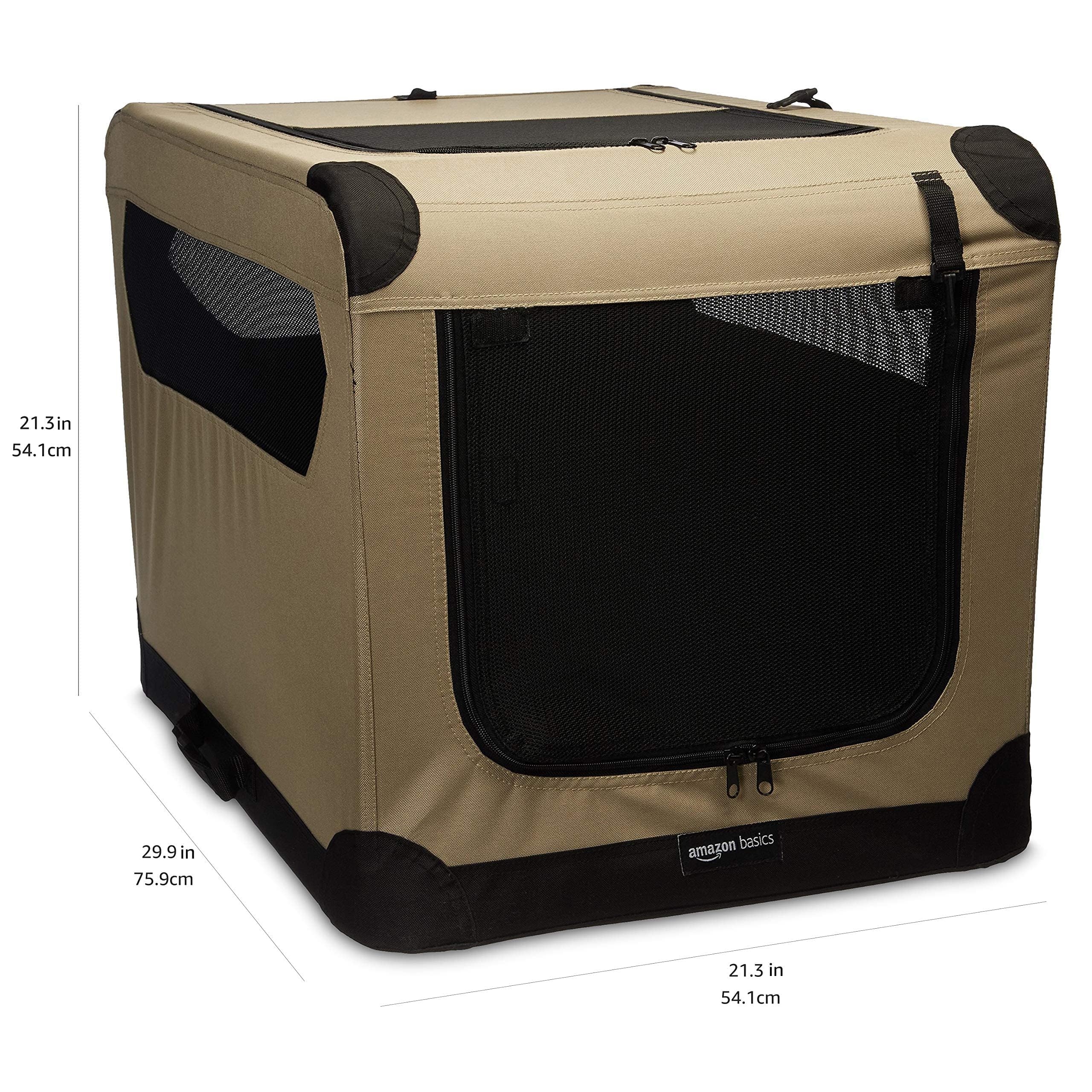 Amazon Basics tan travel kennel with mesh ventilation for comfort and airflow