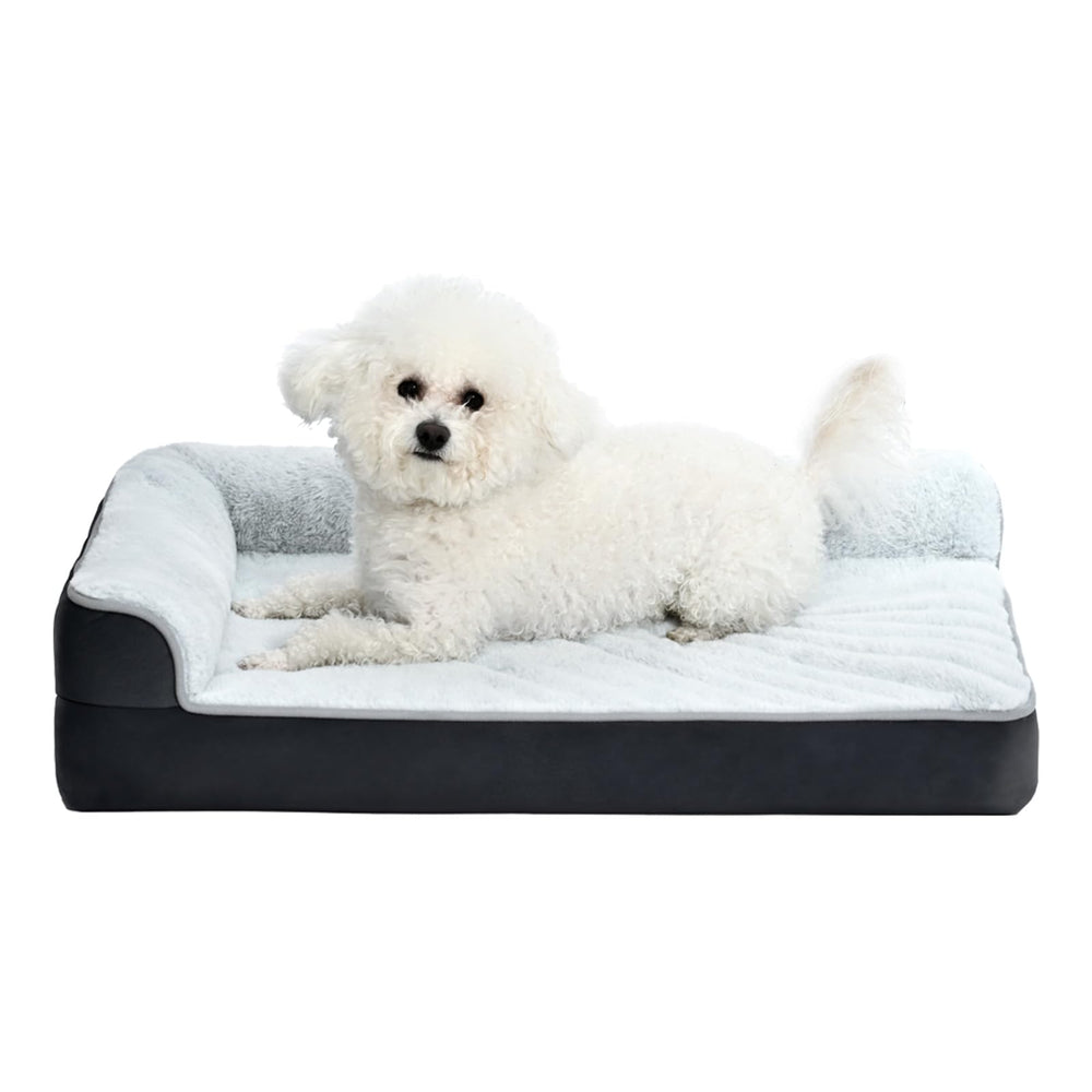 Amazon Basics L-shaped dog bed front view in gray with cozy fabric and non-slip base