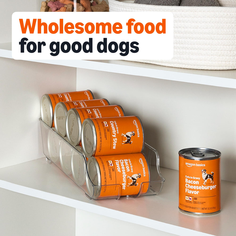 Amazon Basics bacon cheeseburger flavor open can with chunks ready to serve