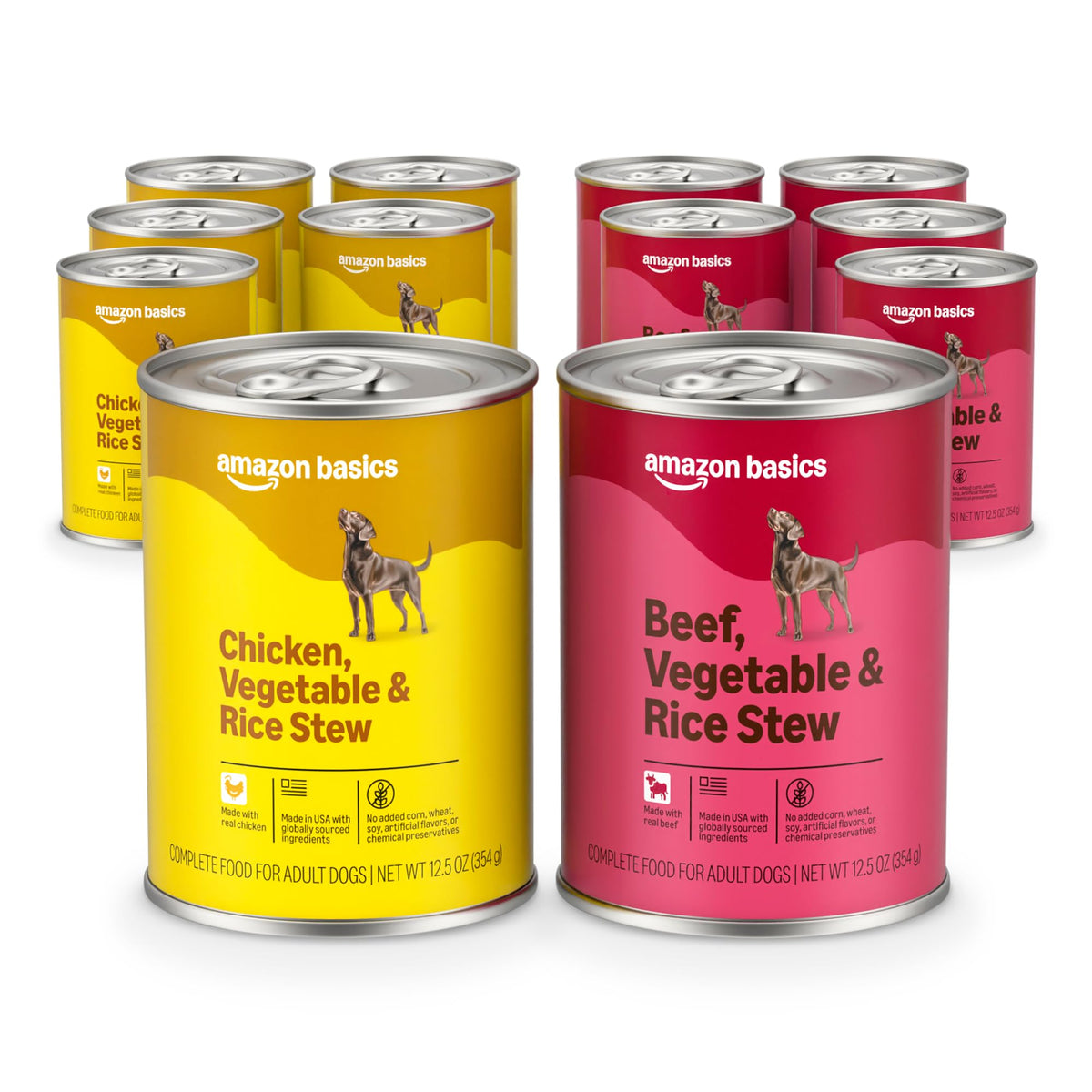 Amazon Basics wet dog food beef stew with vegetables and rice in 12.5oz cans for hearty meals.