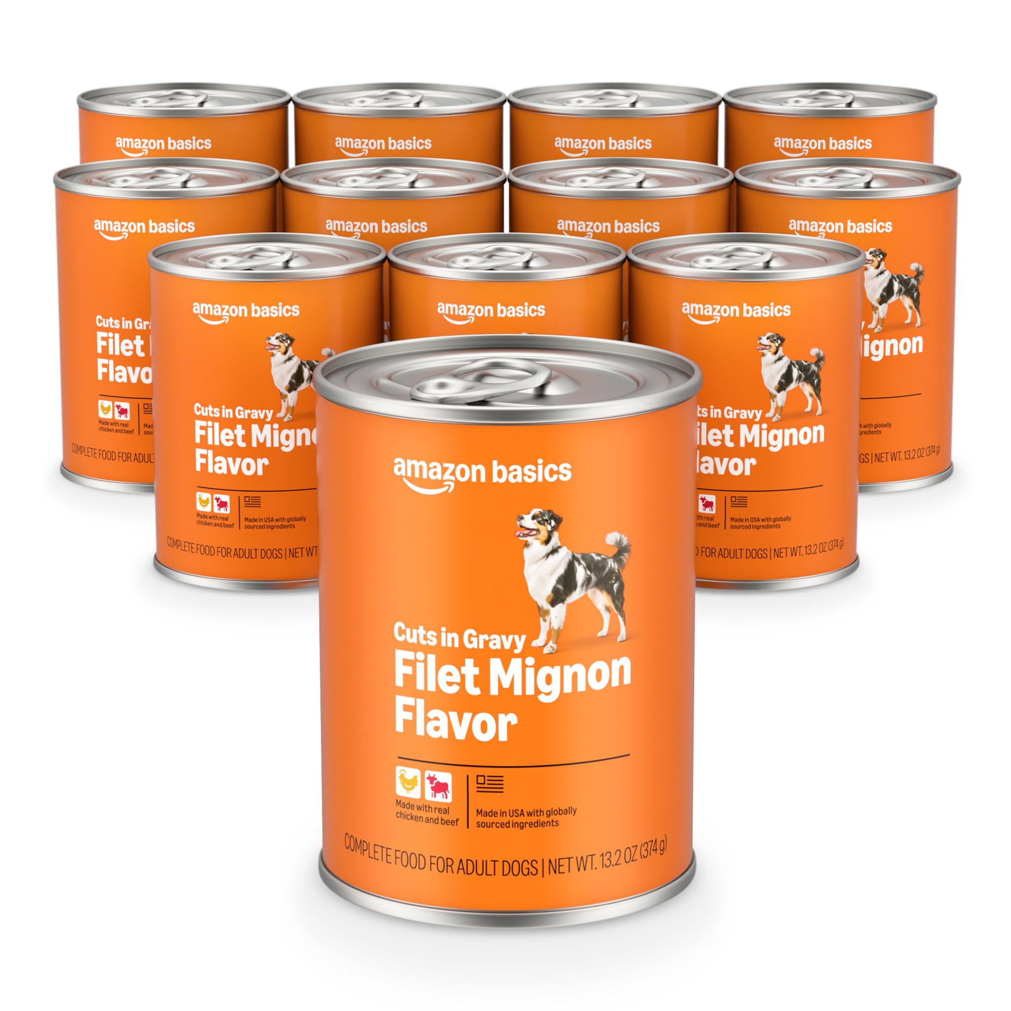Amazon Basics wet dog food can with filet mignon gravy for easy meals