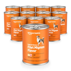 Amazon Basics wet dog food can with filet mignon gravy for easy meals