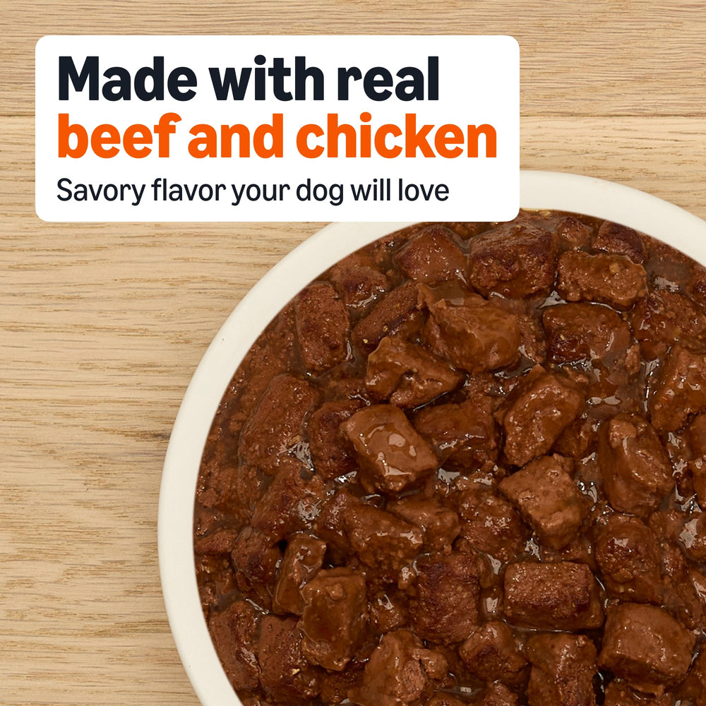Close-up of chunks in gravy in Amazon Basics ribeye flavor, a protein-rich meal