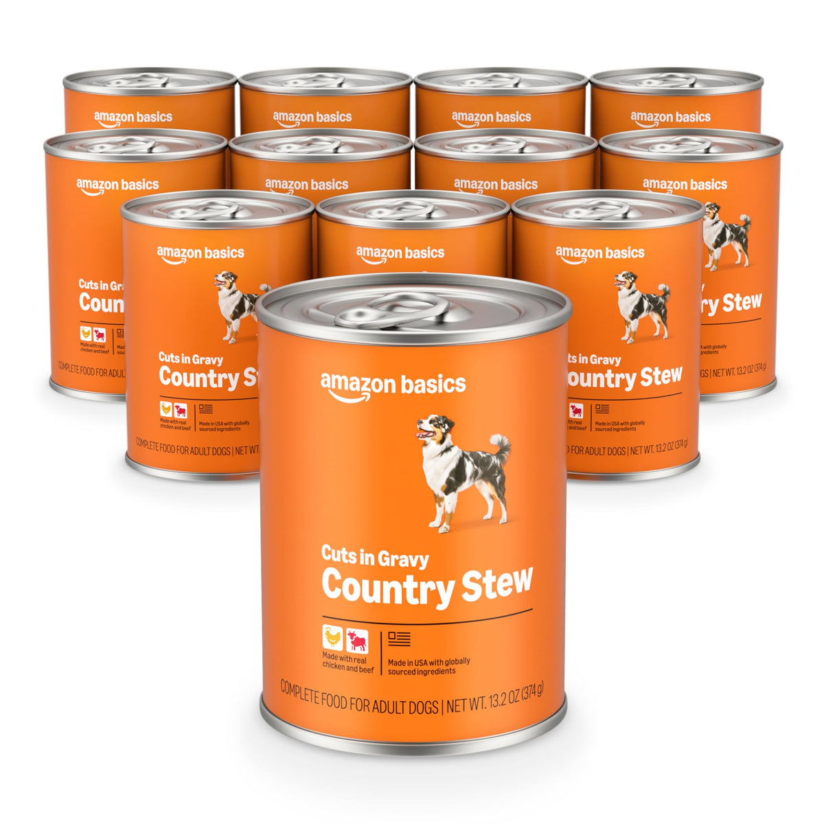 Amazon Basics wet dog food country stew cans showing real chicken and beef protein