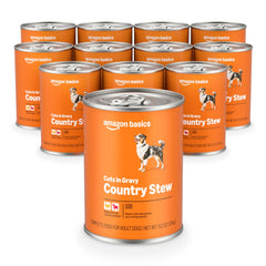 Amazon Basics wet dog food country stew cans showing real chicken and beef protein