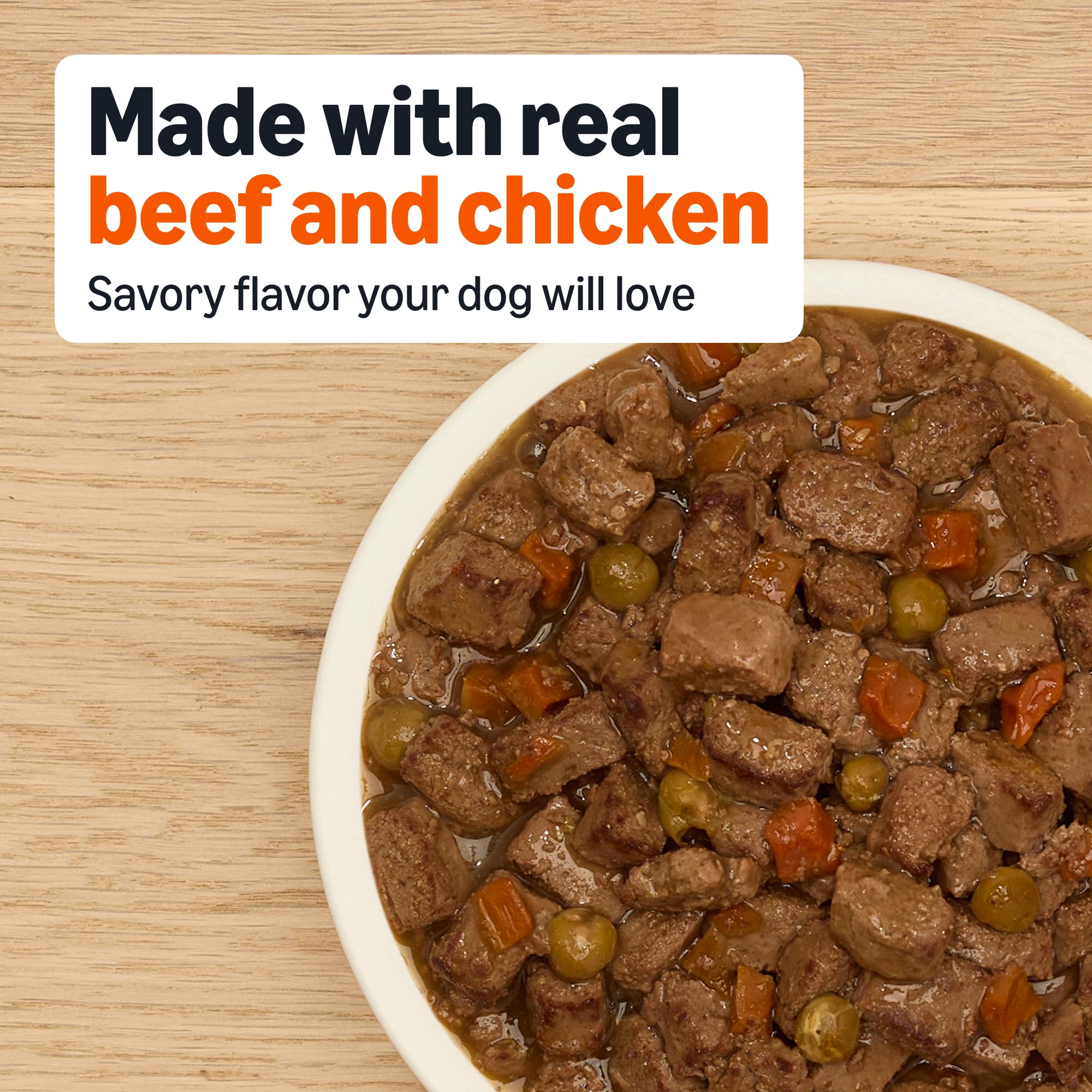 Close-up of savory gravy in Amazon Basics country stew for dog palatability