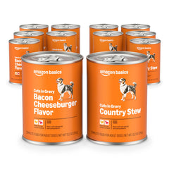 Amazon Basics bacon cheeseburger flavor wet dog food can front for varied meals