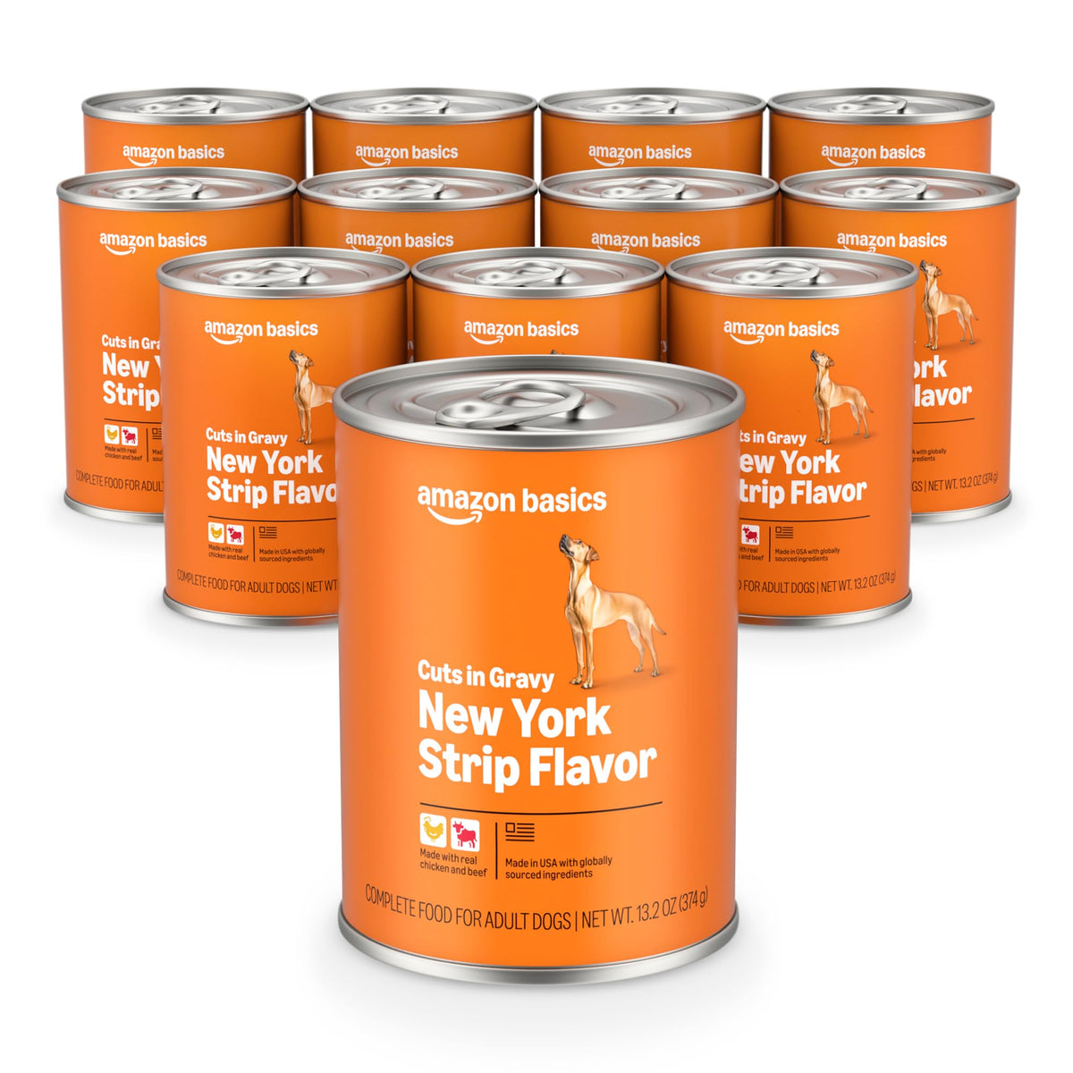 Amazon Basics wet dog food can label shows New York Strip flavor for a tasty meal.