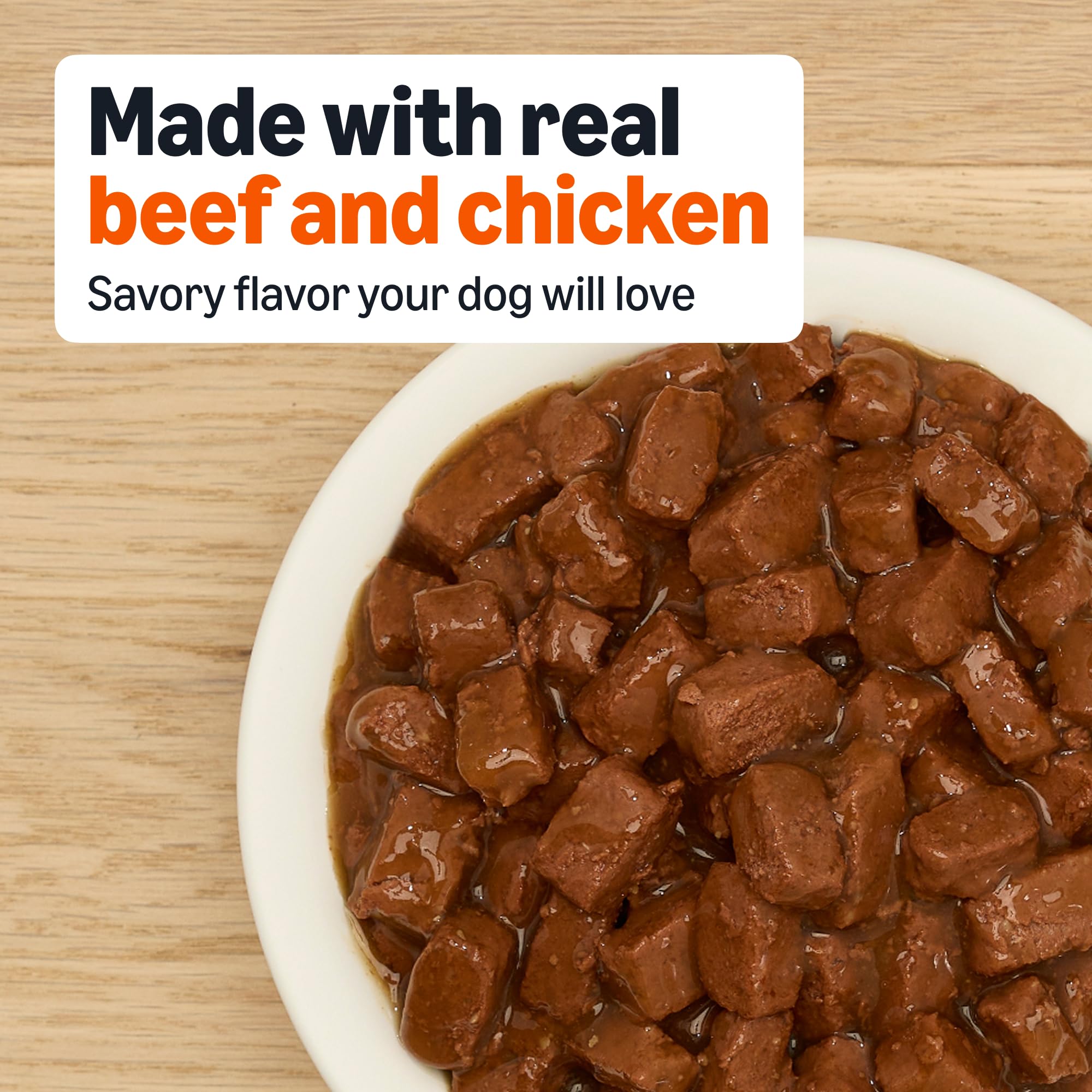 Close-up of Amazon Basics gravy on wet dog food with rich texture