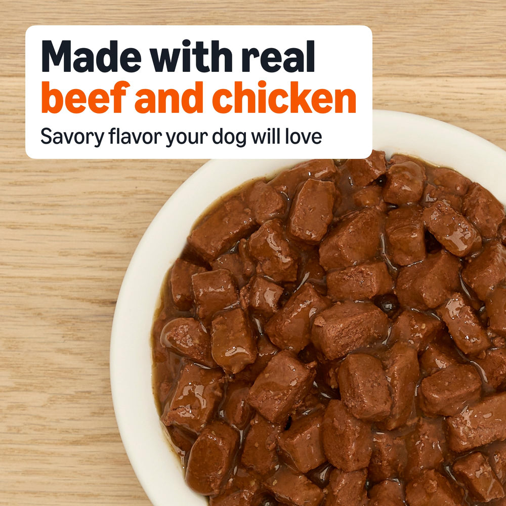 Close-up of Amazon Basics gravy on wet dog food with rich texture
