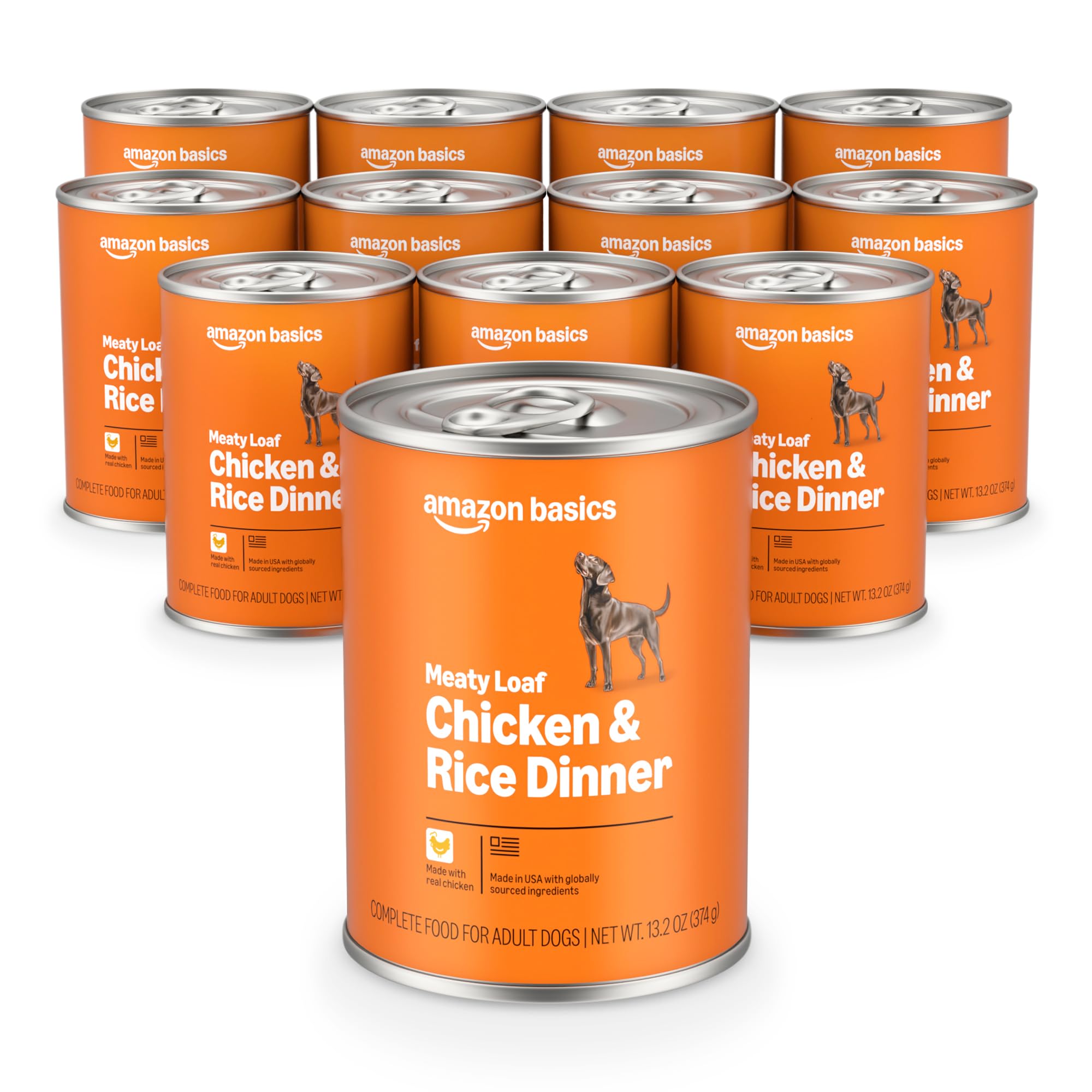 Amazon Basics wet dog food can with meaty loaf and chicken for daily meals