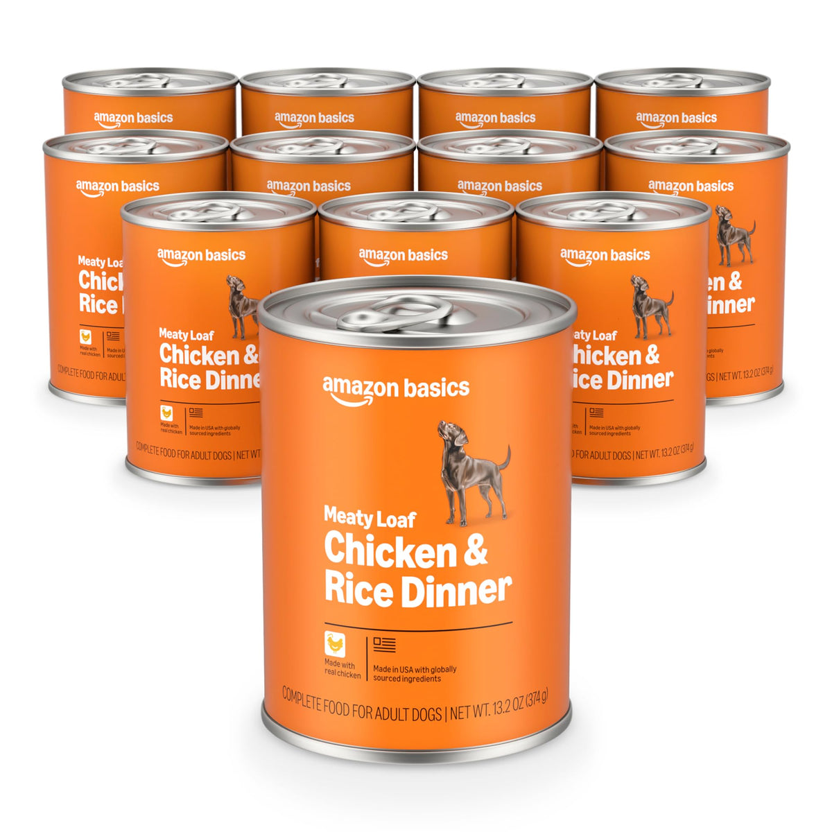 Amazon Basics wet dog food can with meaty loaf and chicken for daily meals