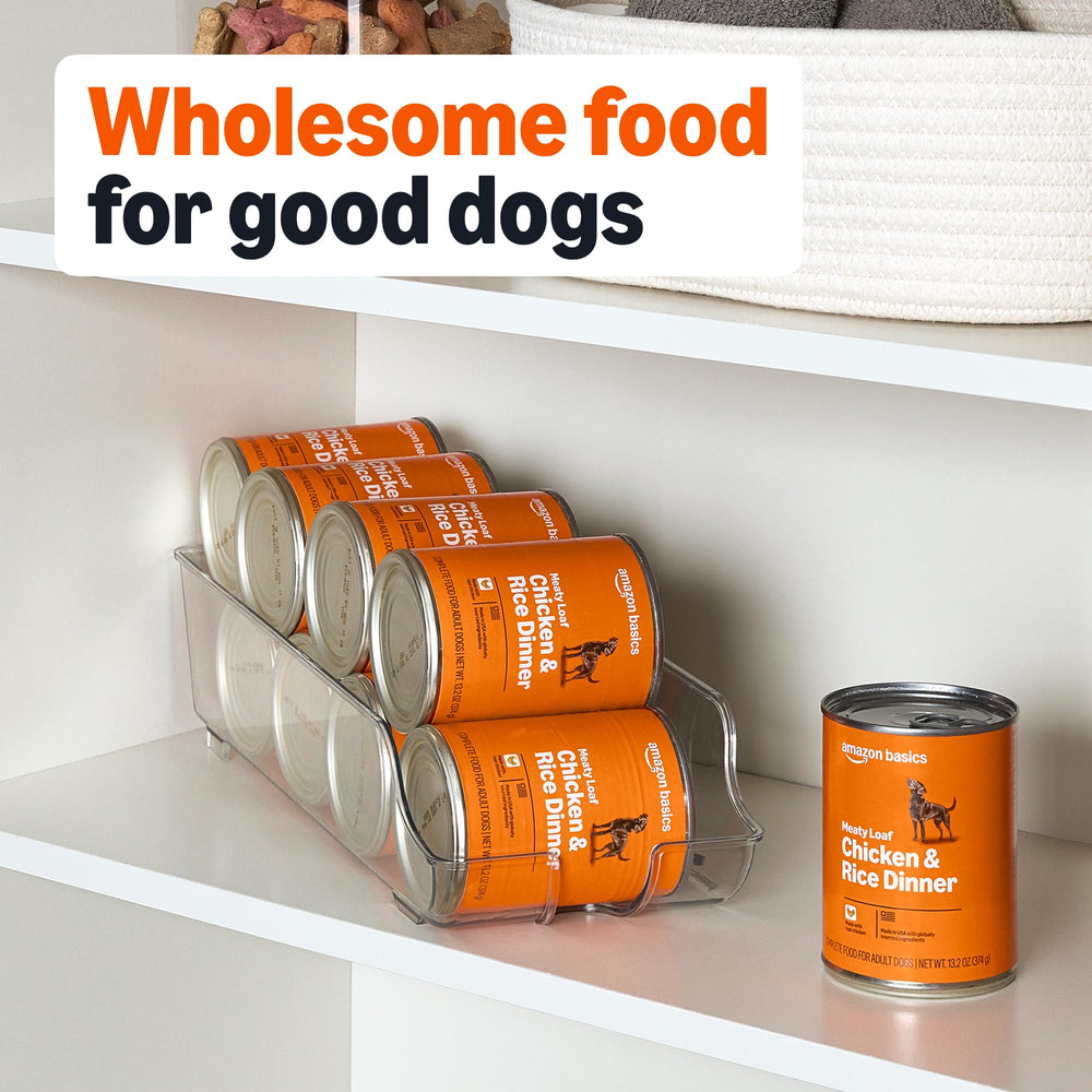 Amazon Basics wet dog food can being poured over rice for serving