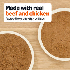 Amazon Basics wet dog food filet mignon can closeup, highlighting premium protein option.