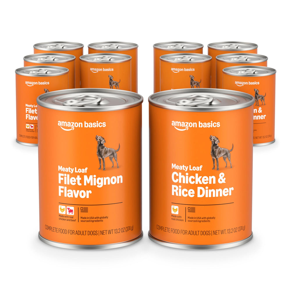 Amazon Basics wet dog food variety pack can front, offering complete meal options for adult dogs.