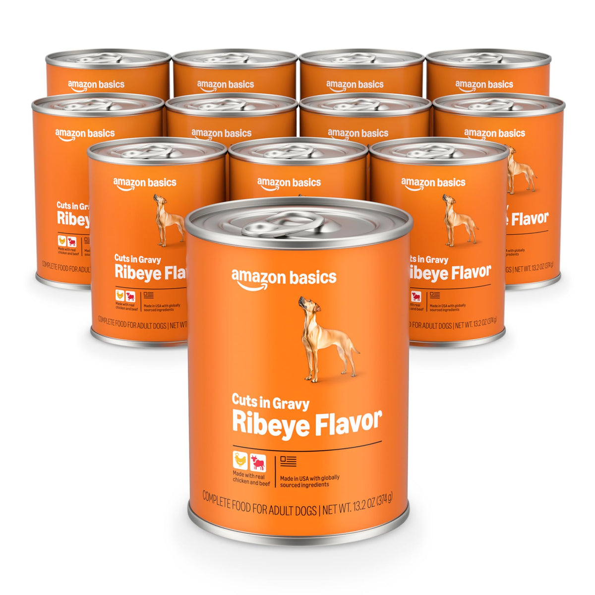 Amazon Basics wet dog food ribeye chicken cuts in gravy can shows meaty chunks for adult dogs
