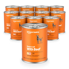 Amazon Basics wet dog food savory loaf beef and chicken can for protein-rich meals.