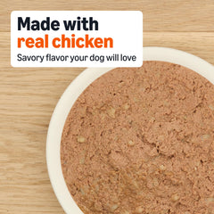 Close-up of Amazon Basics dog food label highlighting USA-made and nutrition.
